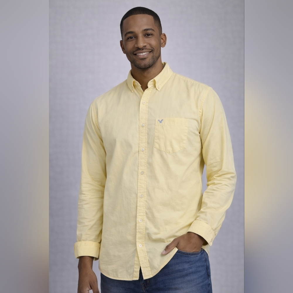 American Eagle Yellow Button Down Shirt Men L Athletic Fit Casual